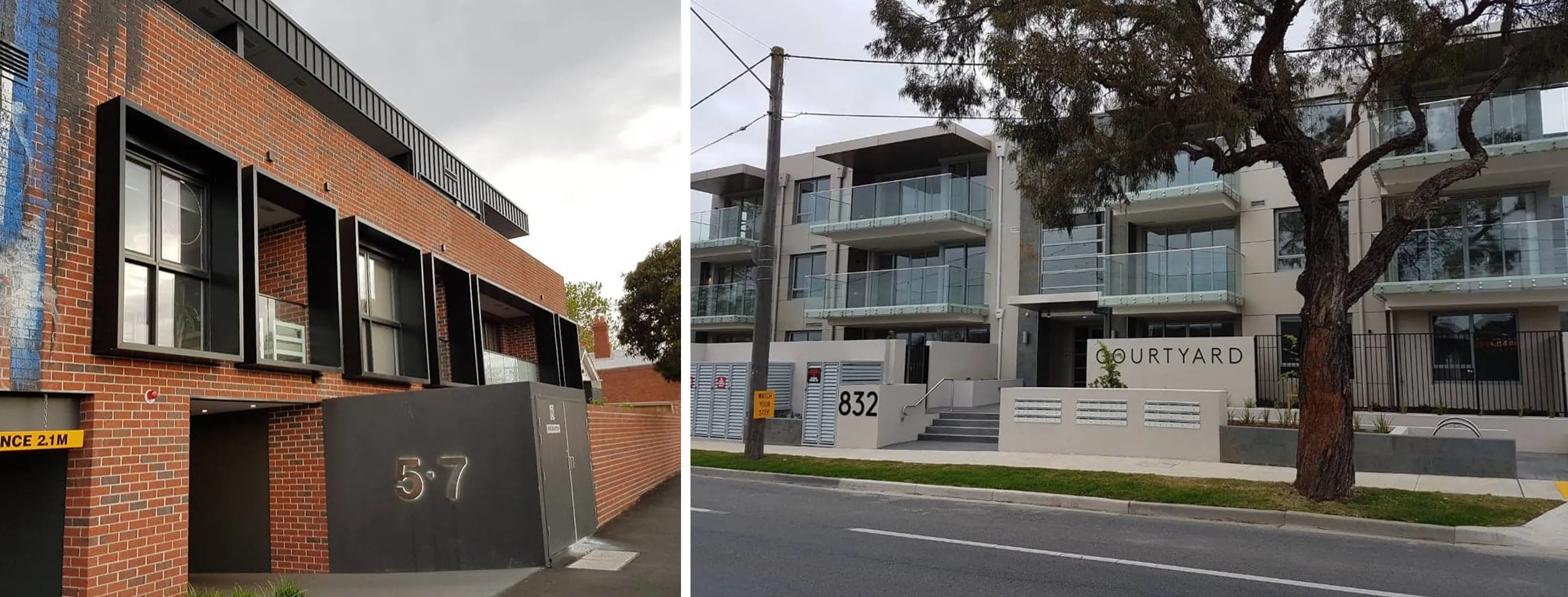 Two modern residential buildings side by side, one with brick and black window frames numbered 5-7 and the other beige with glass balconies and sign 'Courtyard' numbered 832.